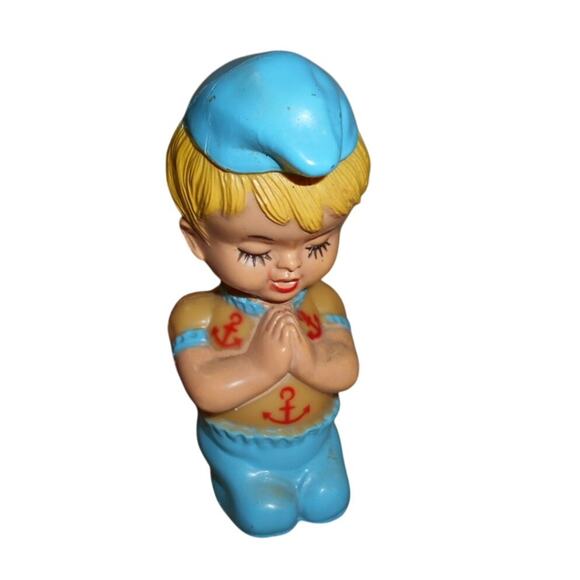 Praying Kneeling Boy Vintage Made in Hong Kong Hard Plastic Bedtime Prayers - Picture 1 of 7